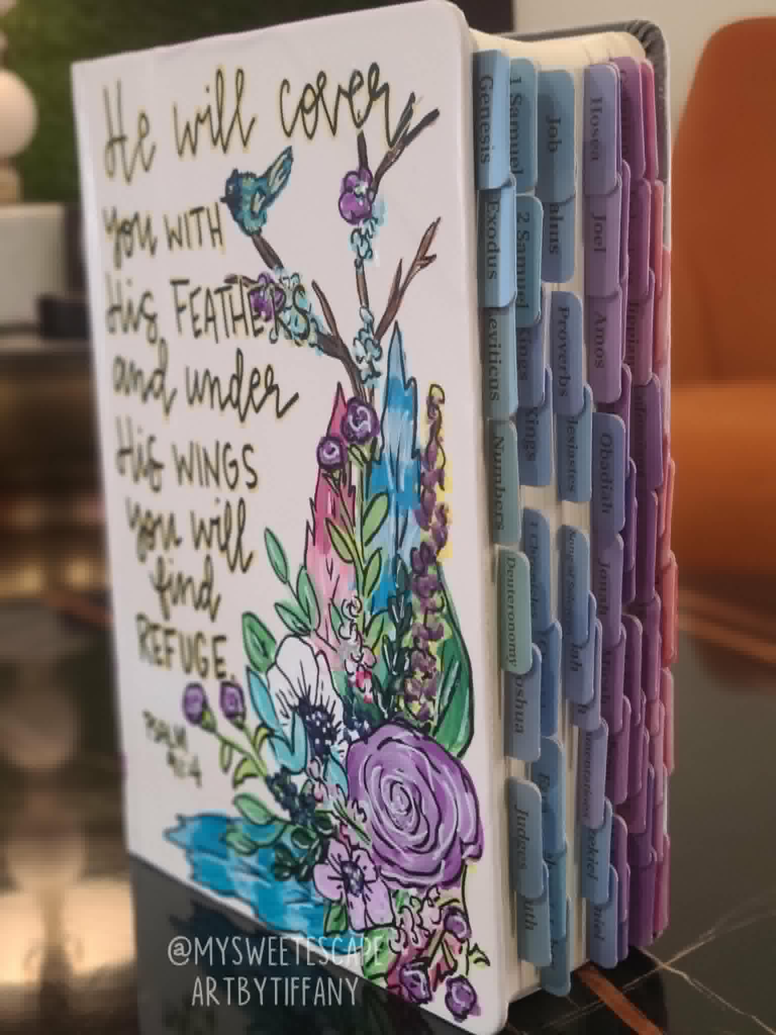 Hand-painted personalized Bible cover with hummingbird and floral artwork