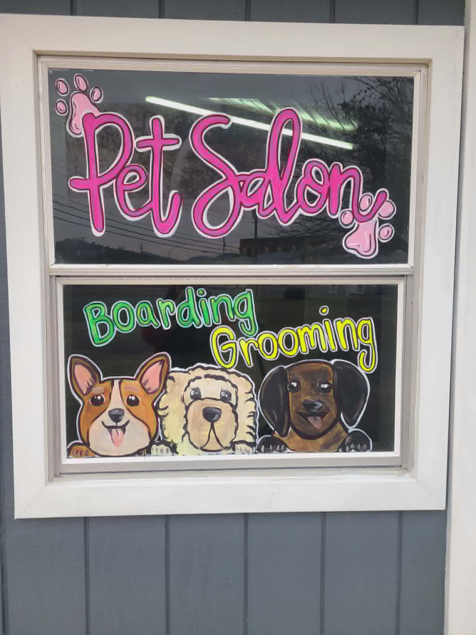 Hand-painted Pet Salon storefront window with cartoon dogs