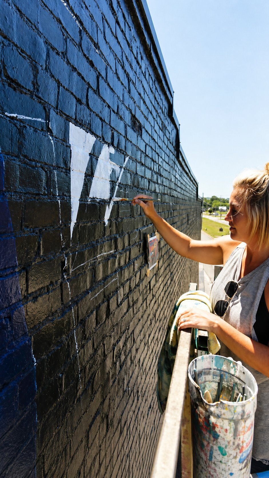 Tiffany painting a mural on a downtown brick wall